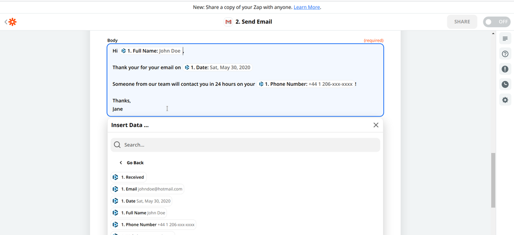 Customize email content using data from Parseur