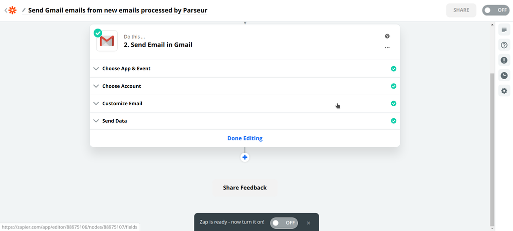 Turn the Zap on to complete this integration