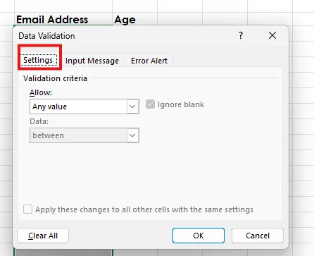 Data validation - settings A screen capture of Excel