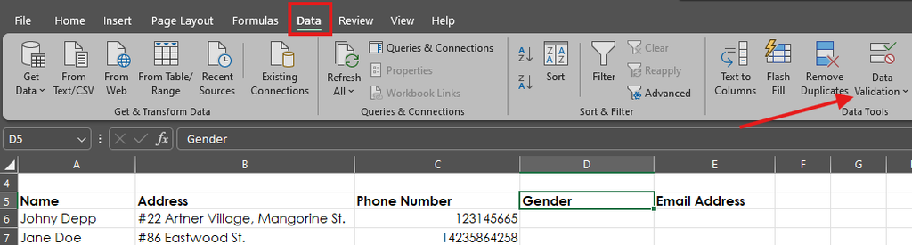 Click on data validation A screen capture of Excel