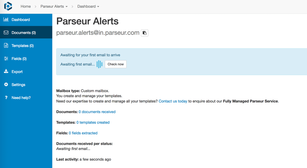 Parseur awaits you to forward your first email A screen capture of google alert email