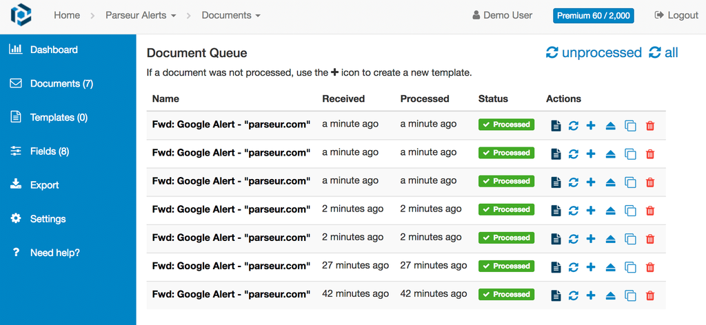All your Alerts data is automatically extracted! A screen capture of google alert document