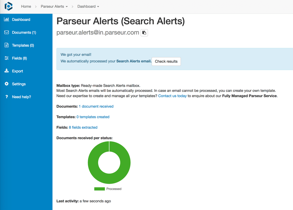 Your Search Alert email was processed automatically! A screen capture of google alert email processed