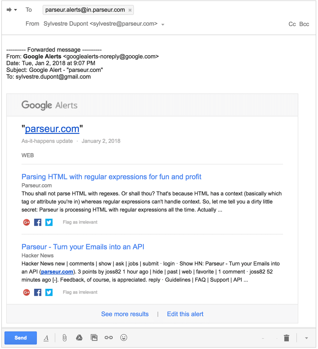 Forward an alert email to the address Parseur just gave you A screen capture of google alert forward