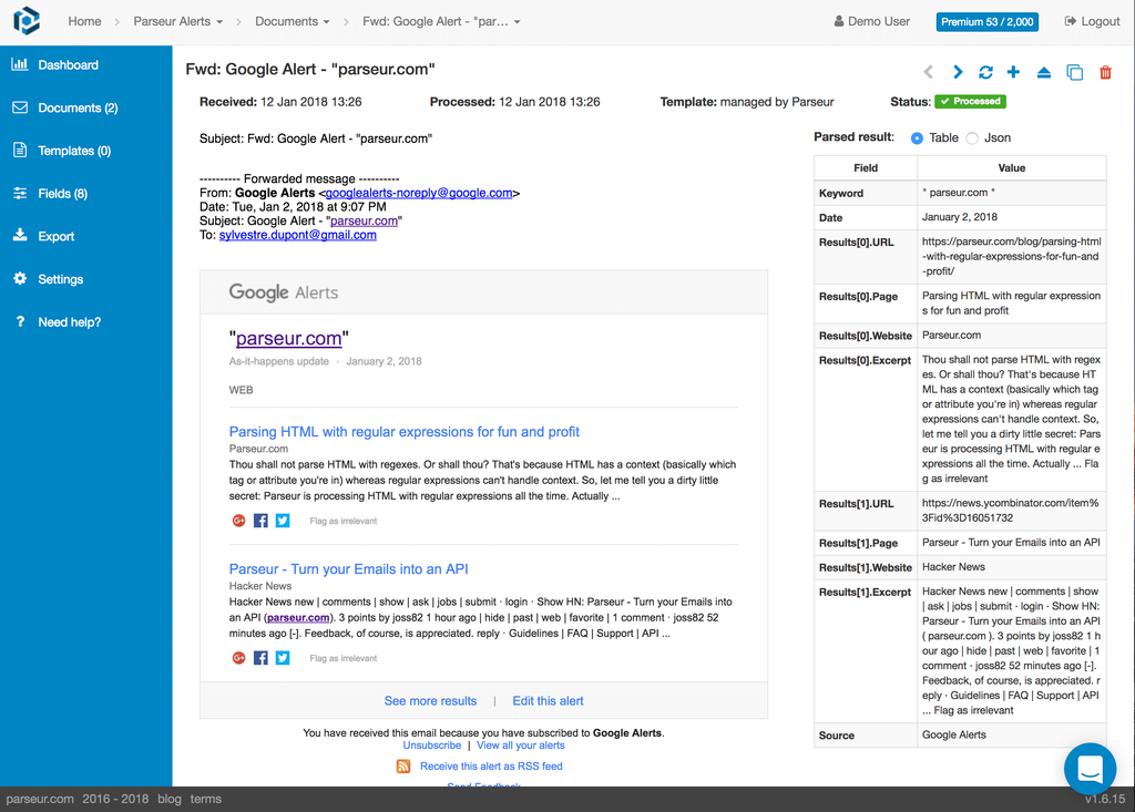 Extracted text is on the right A screen capture of google alert result