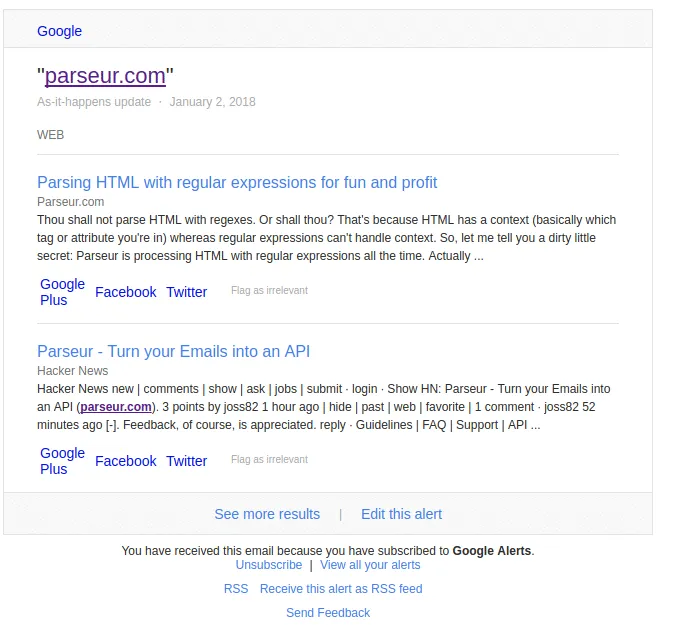 Google alerts are great to keep track on your industry or reputation A screen capture of google alert