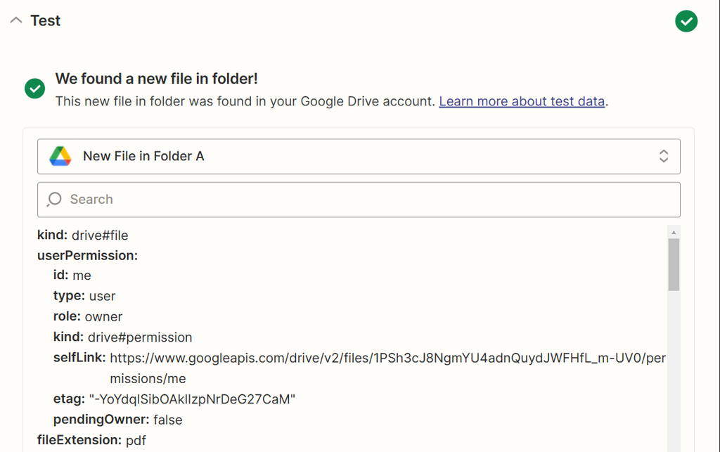 Zapier retrieving the document from the Google Drive folder