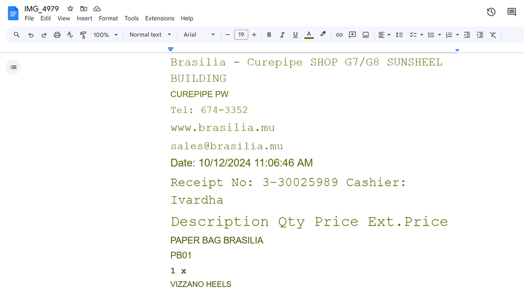 Example of data extracted by Google OCR A screen capture of Google OCR
