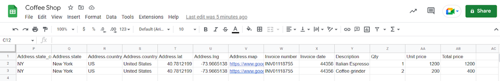 Data sent to Google Sheets