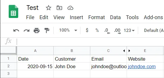 Extracted data sent to Google sheets A screen capture of google sheets data