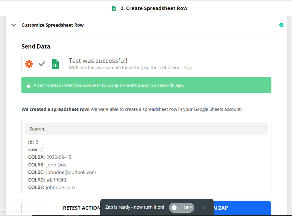 Test was successful A screen capture of zapier successful