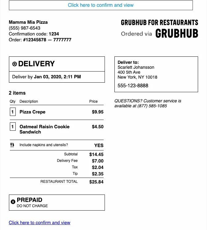 Example of an email received from Grubhub A screen capture of grubhub email