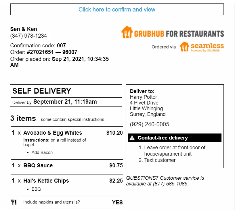 Example of a Grubhub order A screen capture of grubhub order example