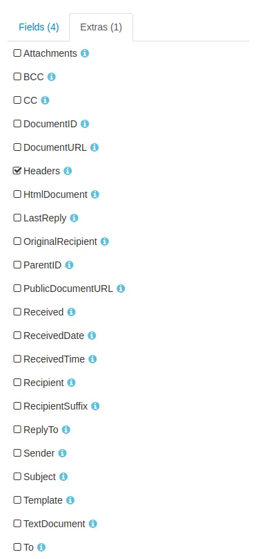 SMTP Email headers can now be extracted as an new extra field called Headers A screen capture of SMTP Email