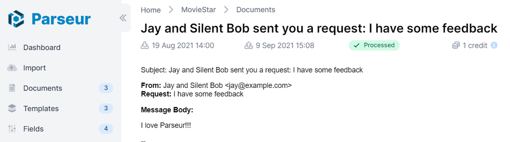 Email received in Parseur mailbox