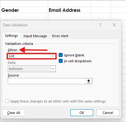 Choose list A screen capture of Excel