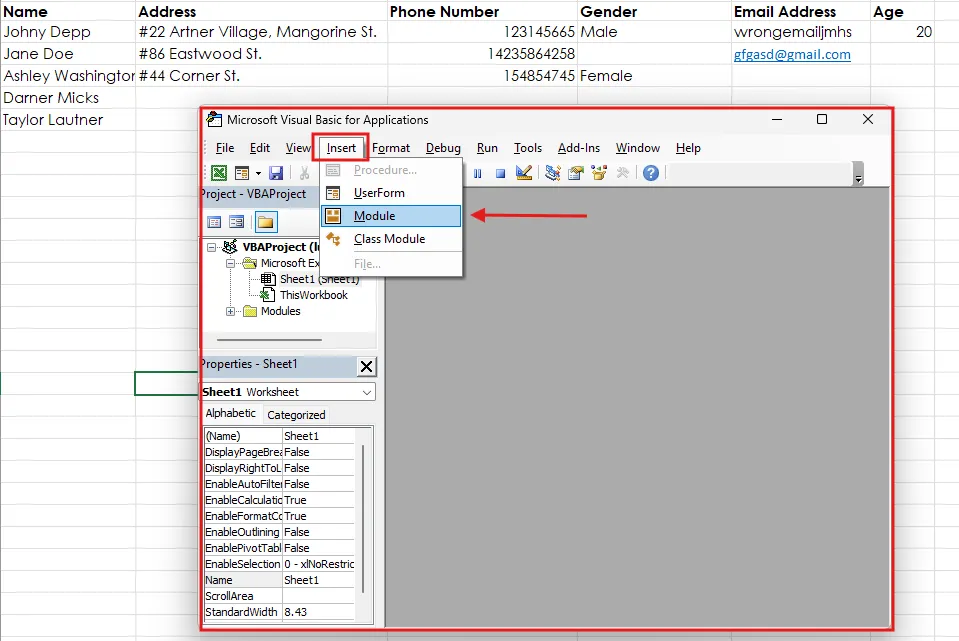 Add a new script module A screen capture of Excel