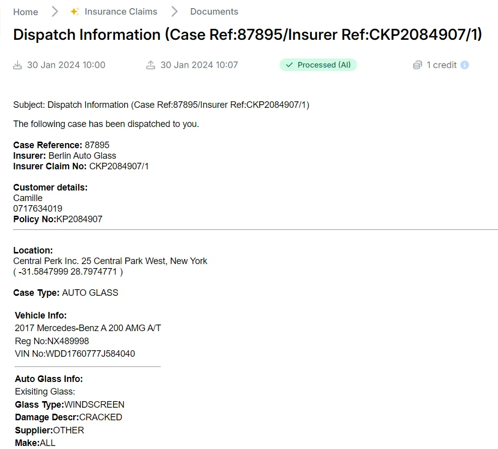 Example of an insurance claim A screen capture of insurance claim