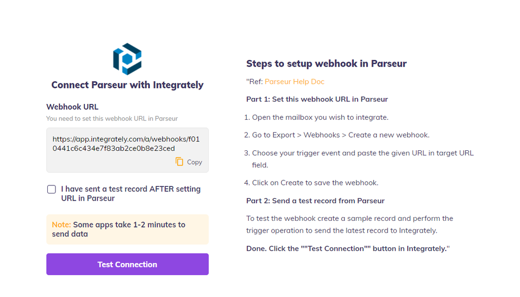 Integrately connection with Parseur
