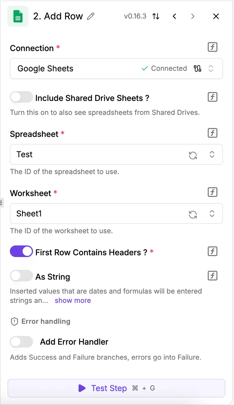 Connecting Google Sheets as the destination app in an ActivePieces workflow