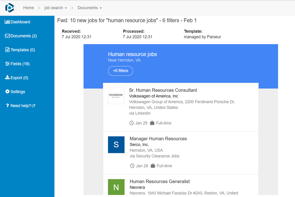 Example of an email received for job search via Google alert A screen capture of job search email