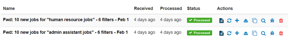 Emails processed automatically A screen capture of job search processed