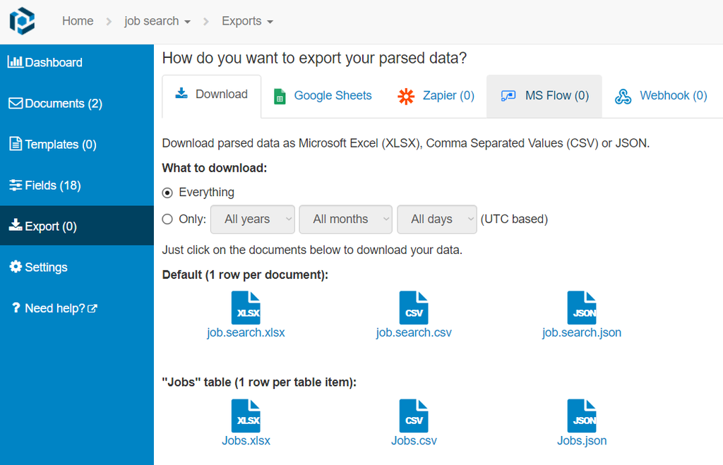Export the parsed data A screen capture of job search export