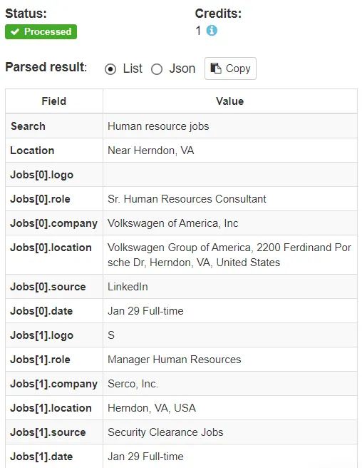 Parsed results from job search A screen capture of job search data