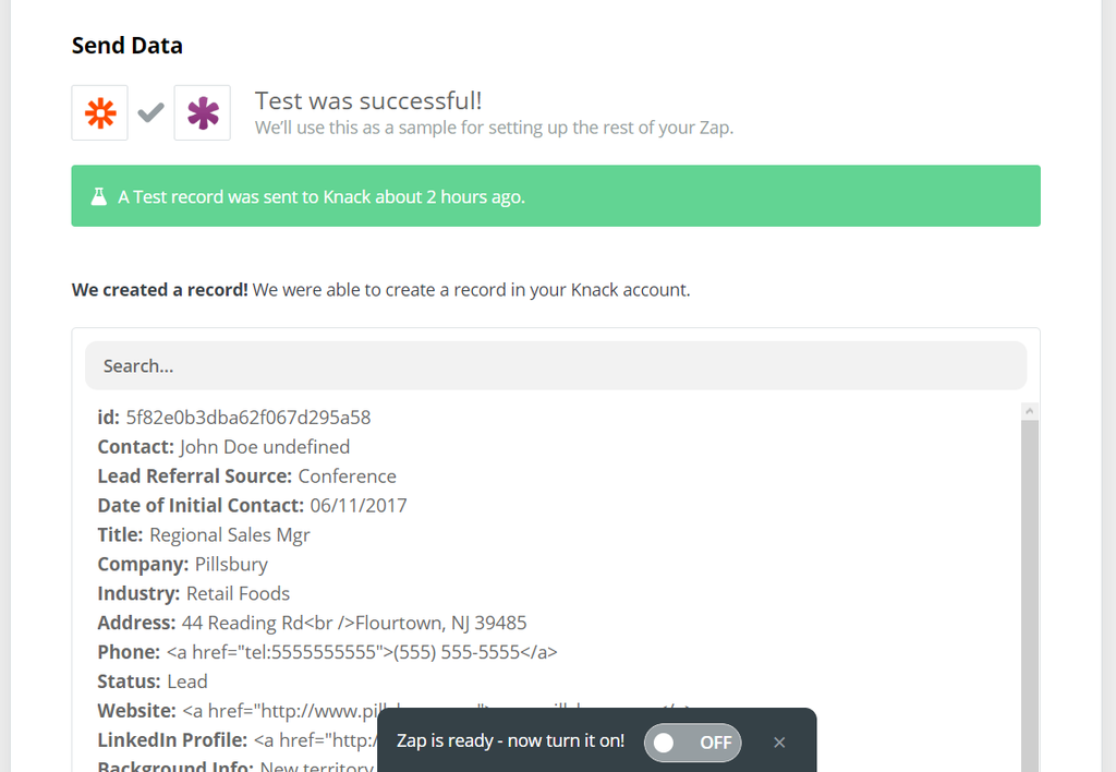 Test was successful in Zapier