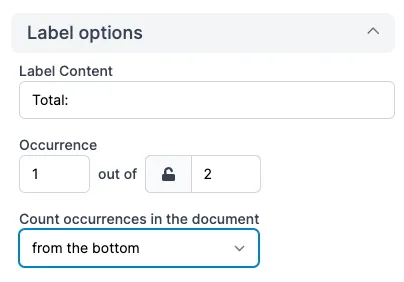 In this example, we set the label as the first occurrence of all "Total:" labels counted from the bottom of the document, effectively asking Parseur to always take the last one A screen capture of label occurrence