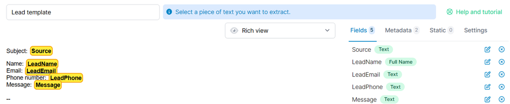 Lead parsing template