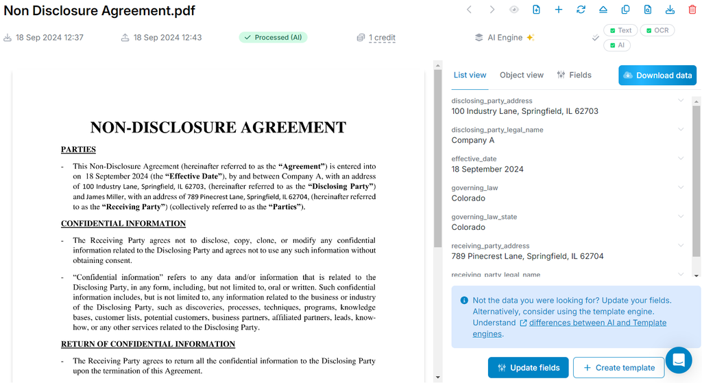 Example of an NDA parsed by Parseur A screen capture of legal data