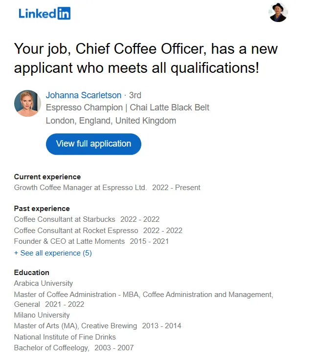 LinkedIn job application email sample A screen capture of job app email