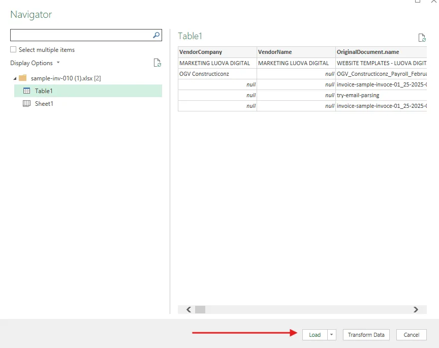 Load the transformed data A screen capture of Excel