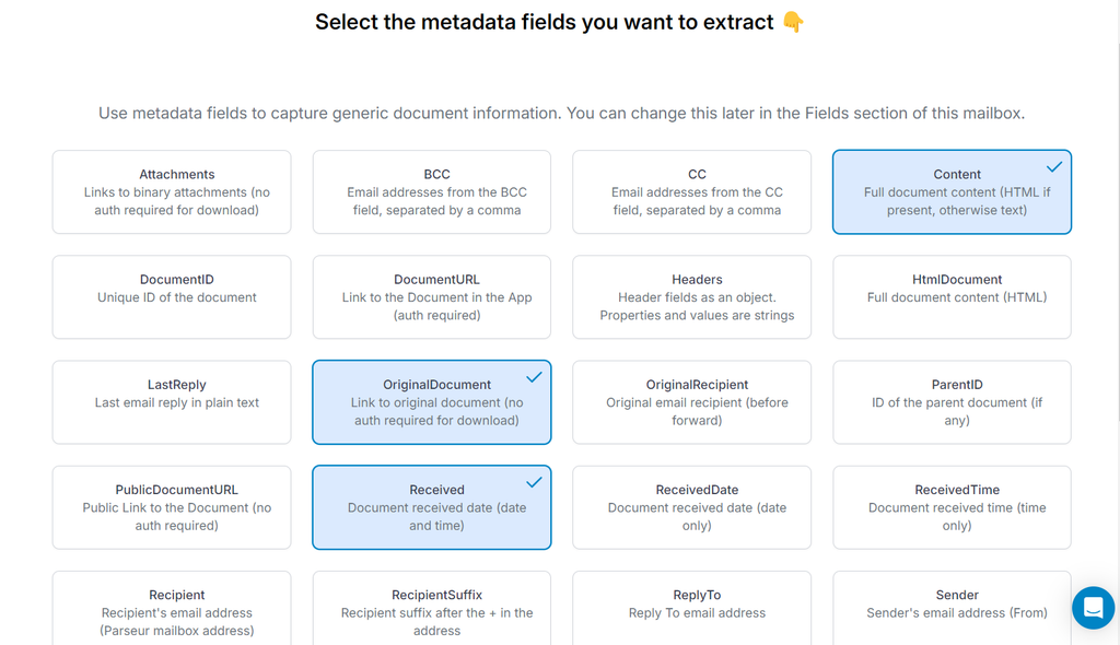Select the metadata fields A screen capture of meta fields
