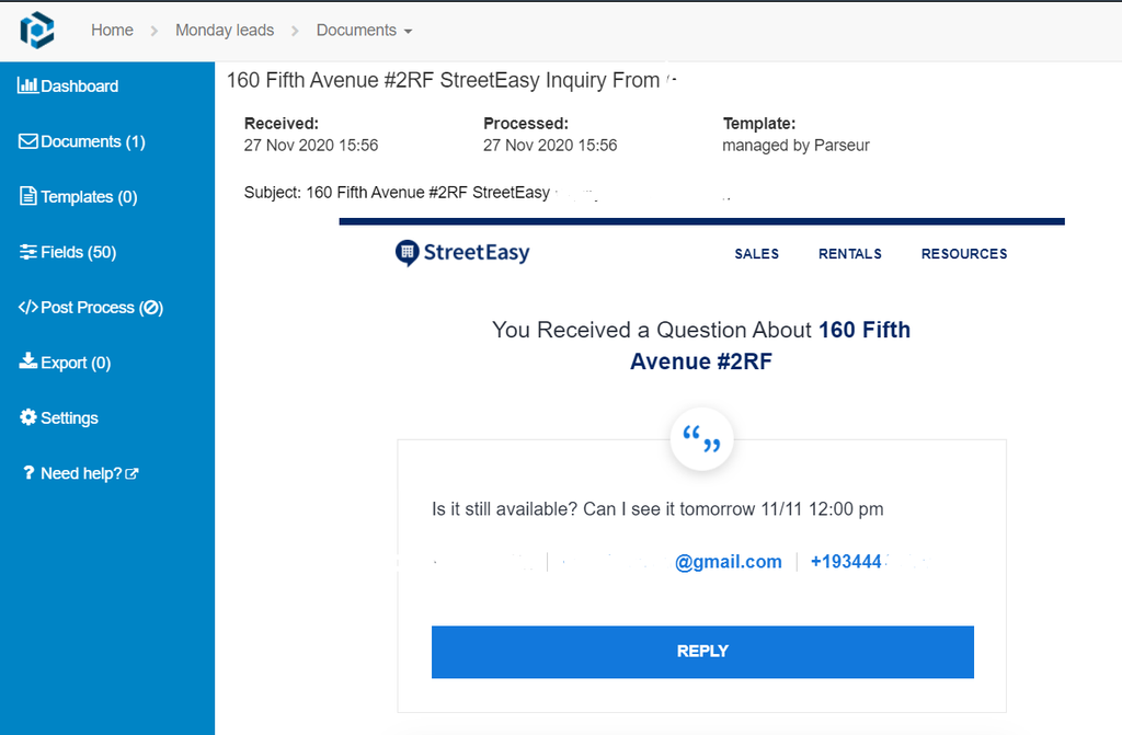 Email received in Parseur mailbox