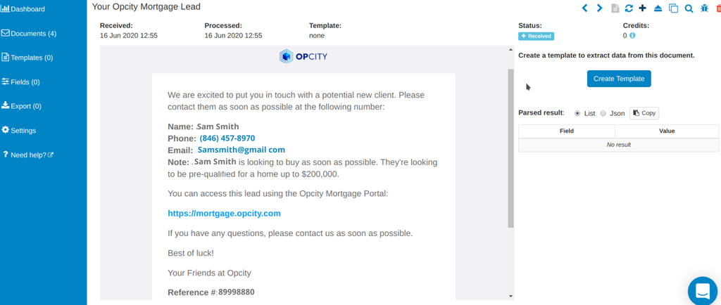 Email received in Parseur mailbox from Opcity A screen capture of opcity email