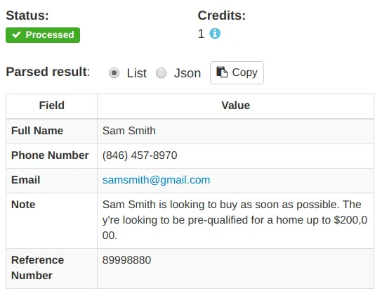 Lead data extracted by Parseur from Opcity email A screen capture of opcity data