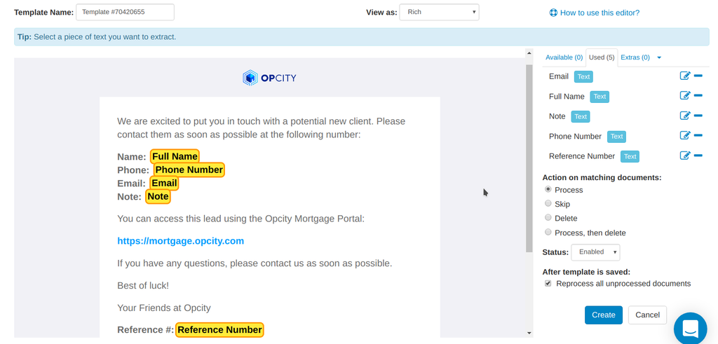 Highlighting the data to be extracted by Parseur A screen capture of opcity template