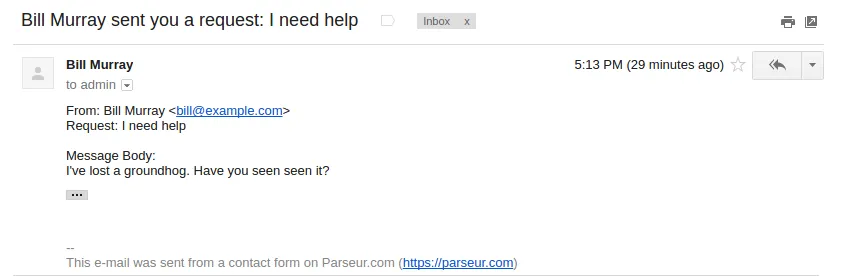 This is the email Movie Star Concierge Service gets for every request A screen capture of bill murray email