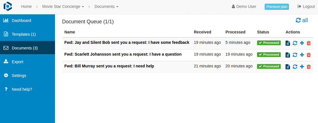 All requests have been processed automatically in Parseur A screen capture of request documents