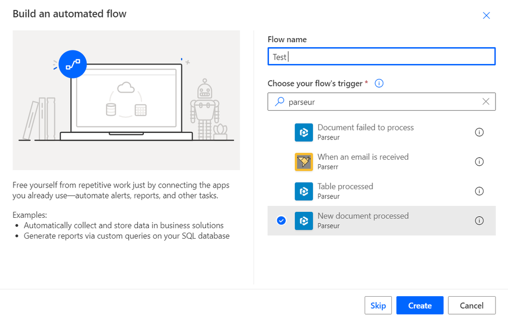 Select Parseur as the trigger application