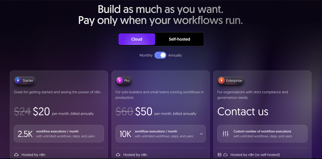n8n pricing A screen capture