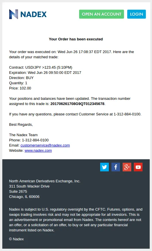 Example of a BUY confirmation order email on Forex from Nadex A screen capture of nadex email