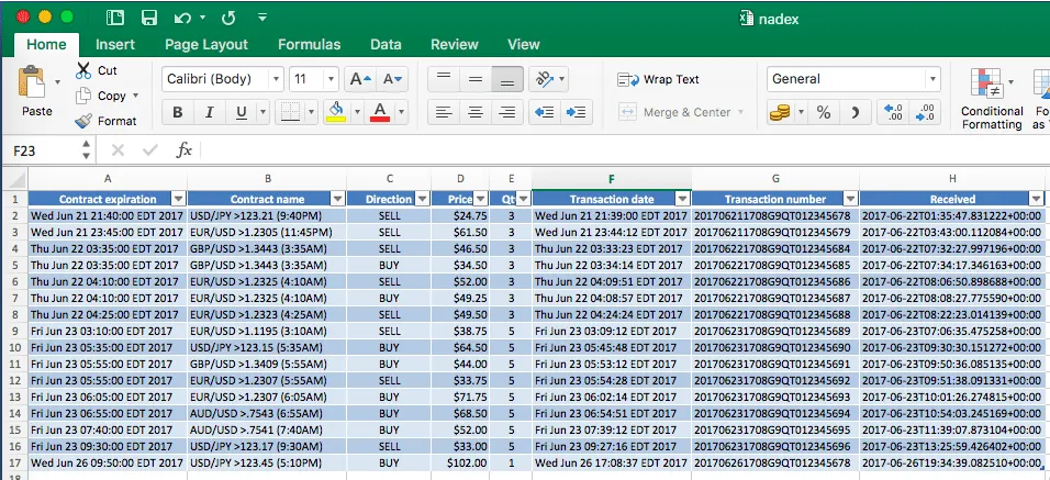 Export Nadex trades to Excel A screen capture of nadex data export