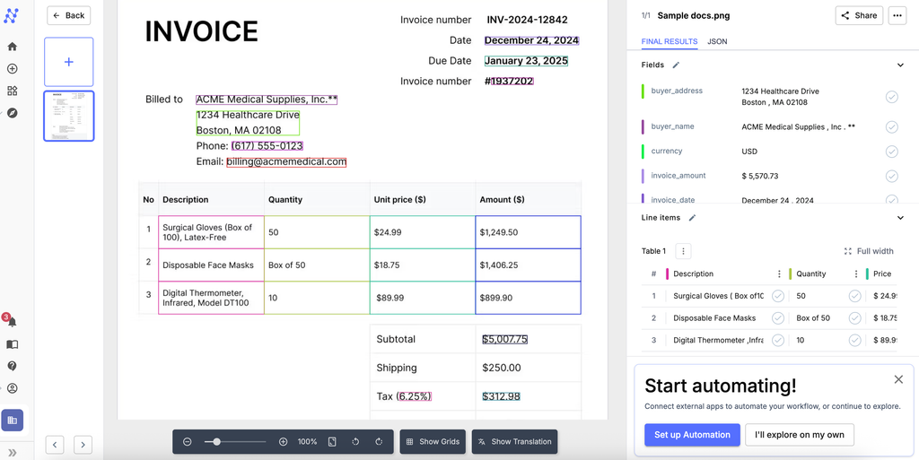 Parsed data in Nanonets A screen capture of nanonets data