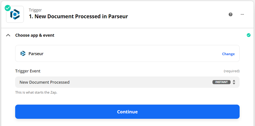Choose new document processed in Zapier