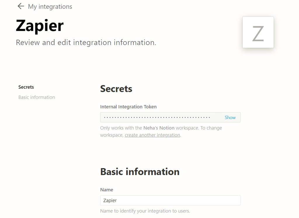 Generate the integration token in Notion