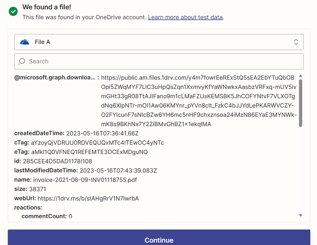 OneDrive and Zapier connection completed