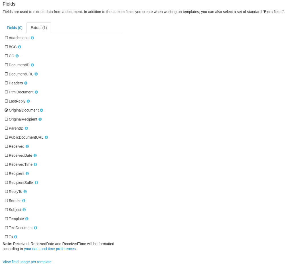A screen capture of document extra field